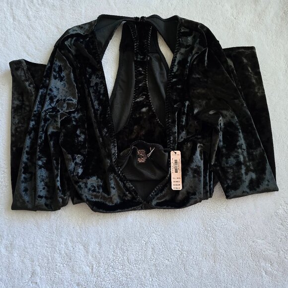 NWT Victoria's Secret size M/L black velvet deep v neck thong open back bodysuit - Picture 3 of 5